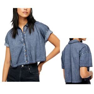 Free People Weekend Rush Short Sleeve Top Navy - Size XS
